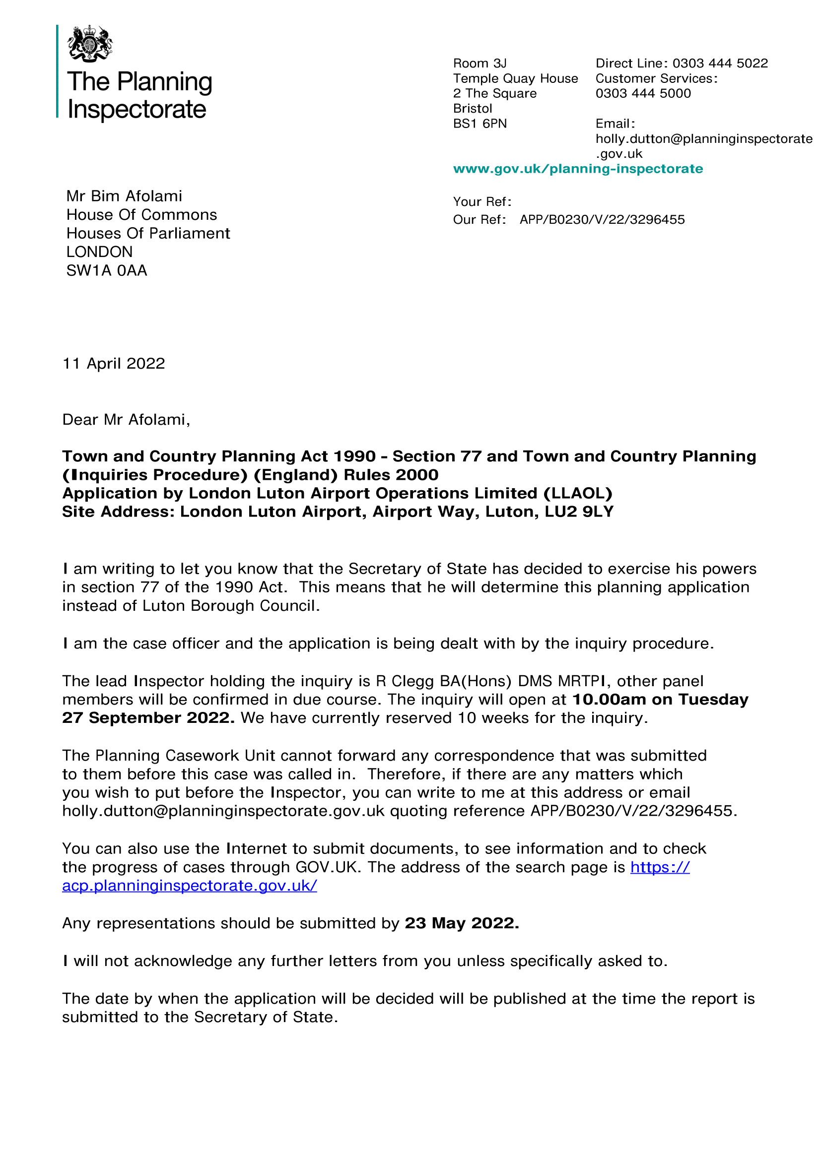 Letter from The Planning Inspectorate