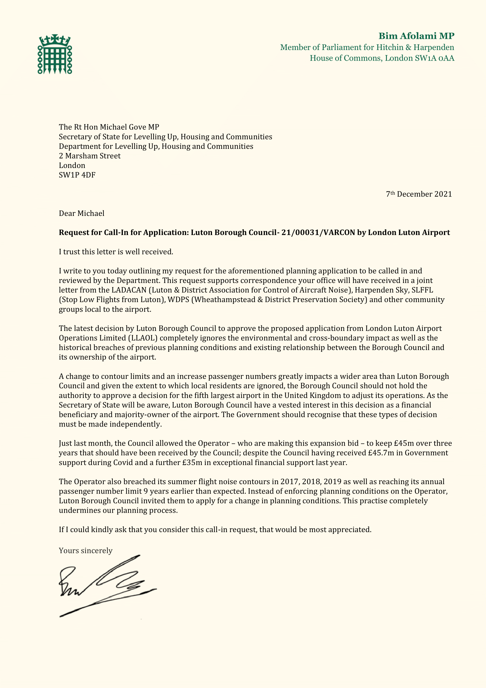 Letter to the Secretary of State